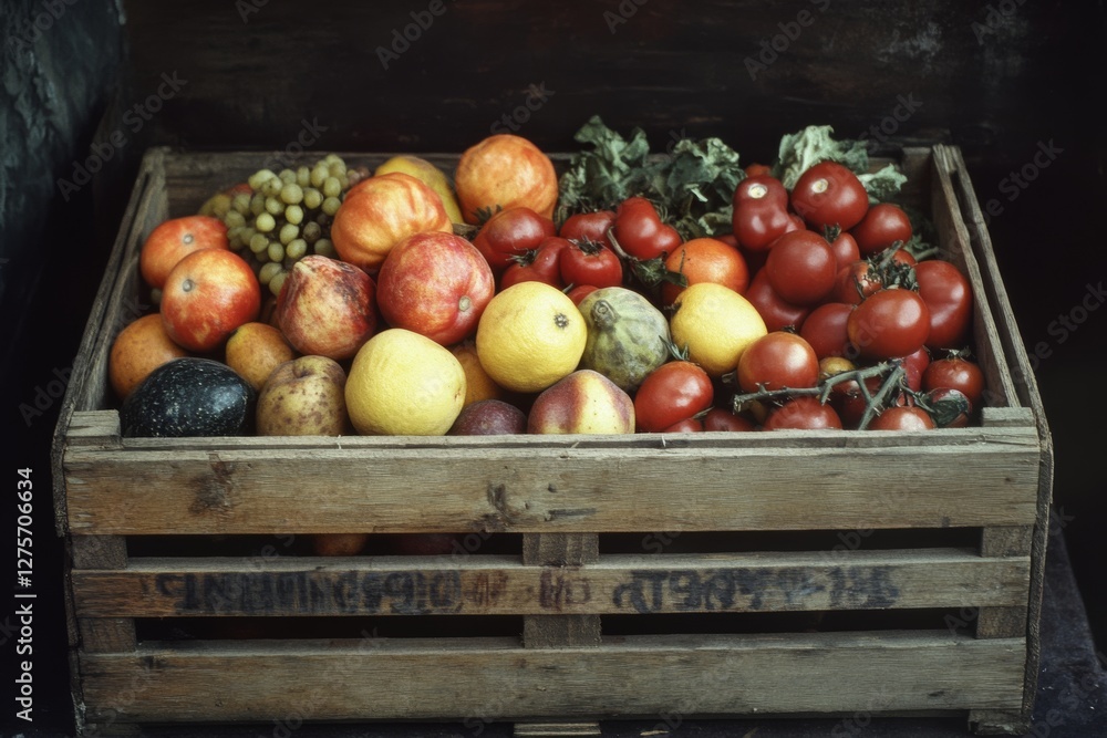 A wooden crate brimming with vibrant fruits, including tomatoes, oranges, and grapes, showcasing the abundance and diversity of a fresh harvest. A wooden crate brimming with vibrant fruits, including tomatoes, oranges, and grapes, showcasing the abundance and diversity of a fresh harvest.