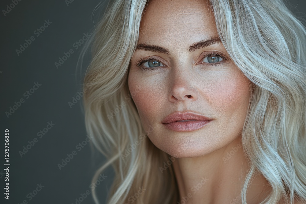 Woman with blonde hair and captivating eyes poses against a neutral backdrop, showcasing natural beauty and elegance