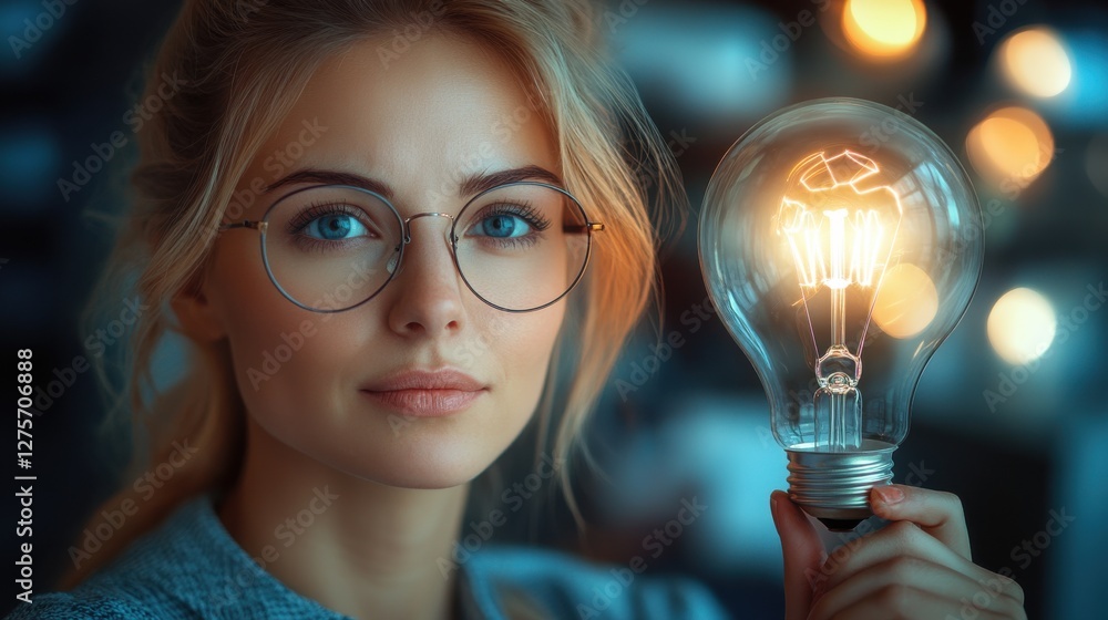 Woman holding a glowing light bulb while looking thoughtfully at the camera in a softly illuminated indoor setting Woman holding a glowing light bulb while looking thoughtfully at the camera in a softly illuminated indoor setting