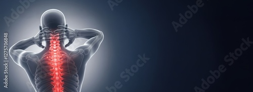 3D illustration of human spine and vertebral column. spinal code x-ray pain. with copy space banner background.