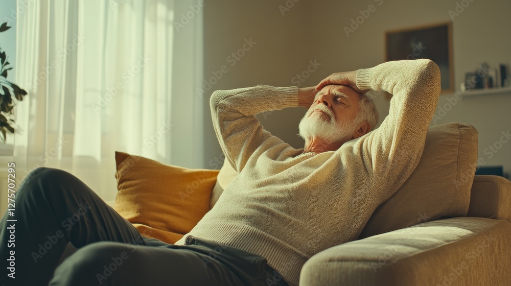 Shoulder stretch by a senior man in a cozy living room. Featuring strength and mobility Shoulder stretch by a senior man in a cozy living room. Featuring strength and mobility