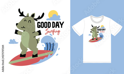 Cute deer surfinging illustration with tshirt design premium vector