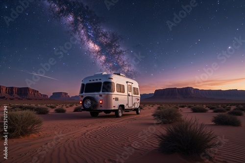 Twilight Caravan Adventure Under Starry Skies in Desert Landscape photo