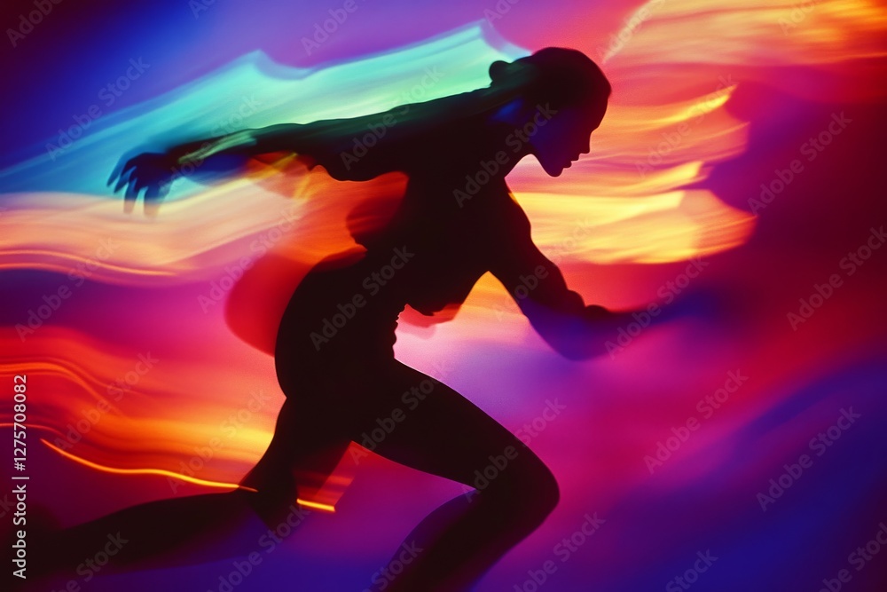 Silhouette of a runner in motion against a vibrant, colorful background, capturing dynamic energy and speed. Silhouette of a runner in motion against a vibrant, colorful background, capturing dynamic energy and speed.