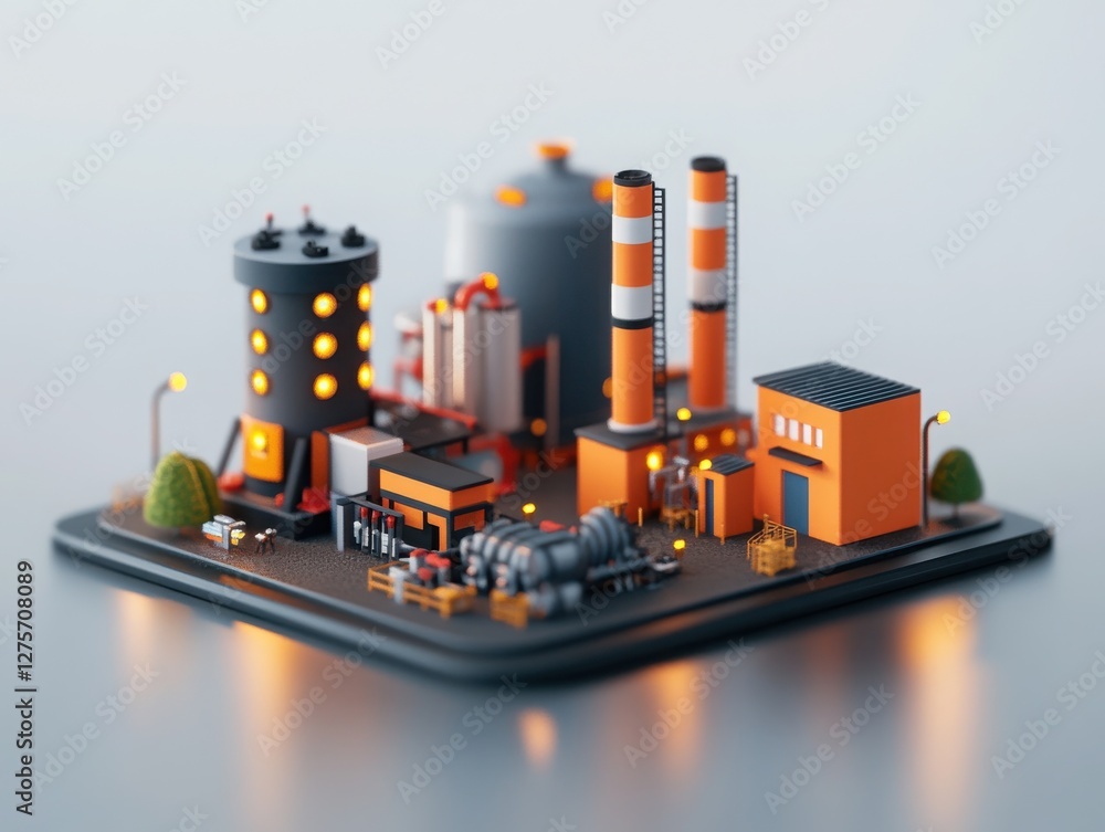 Obraz premium Isometric icon of a modern industrial power plant with a red and black color palette. The factory includes advanced engines, turbines, and cooling systems.