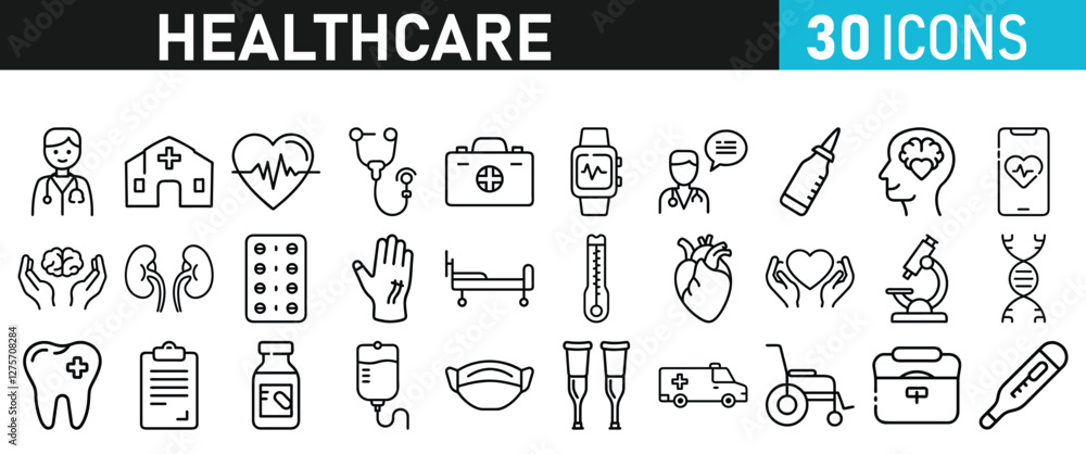 Healthcare set icons for web. Medicine and Health Care linear icon collection. Containing, Stethoscop, emergency, doctor, treatment, medical, report, diagnosis, health, prevention, patient Healthcare set icons for web. Medicine and Health Care linear icon collection. Containing, Stethoscop, emergency, doctor, treatment, medical, report, diagnosis, health, prevention, patient