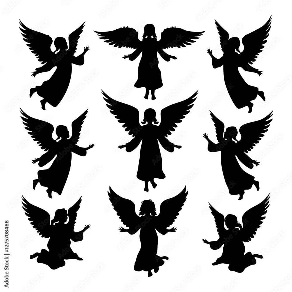 Obraz premium Angel Silhouette Vector Set – Flying and Praying Angels in Graceful Poses