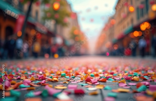 Wallpaper Mural Street covered with colorful confetti after carnival party. Celebration concept. Festive mood after holiday. Many-coloured paper decoration, rainbow gradient. Perfect background for invitations, Torontodigital.ca
