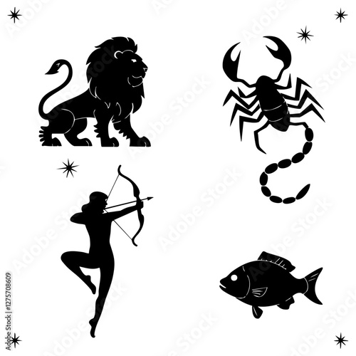 Zodiac Sign Silhouettes – Leo, Scorpio, Sagittarius & Pisces Vector Set