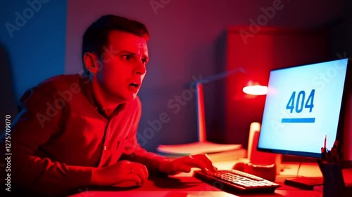  Shocked programmer facing 404 error on computer screen at night