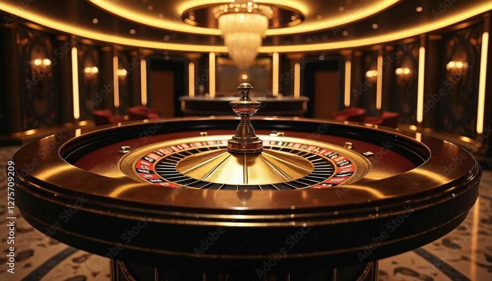 Elegant gold roulette table in luxury casino with black accents. Fortune game table for gambling chance, risk in interior with light, chips. Glamour style design. Elegant gold roulette table in luxury casino with black accents. Fortune game table for gambling chance, risk in interior with light, chips. Glamour style design.