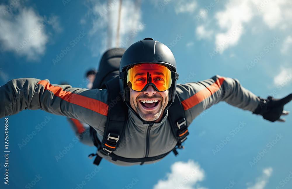 Happy smiling man in helmet and goggles skydiving on blue sky. Dynamic close-up of skydiver in freefall. Extreme sport adventure. Adrenalin and excitement in air. Happy smiling man in helmet and goggles skydiving on blue sky. Dynamic close-up of skydiver in freefall. Extreme sport adventure. Adrenalin and excitement in air.