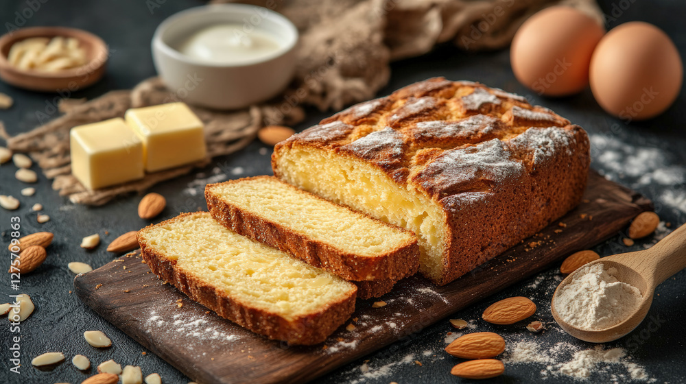 Freshly baked keto bread with golden crust, sliced and served on wooden board. Surrounded by butter, eggs, and almonds, it creates warm and inviting atmosphere Freshly baked keto bread with golden crust, sliced and served on wooden board. Surrounded by butter, eggs, and almonds, it creates warm and inviting atmosphere