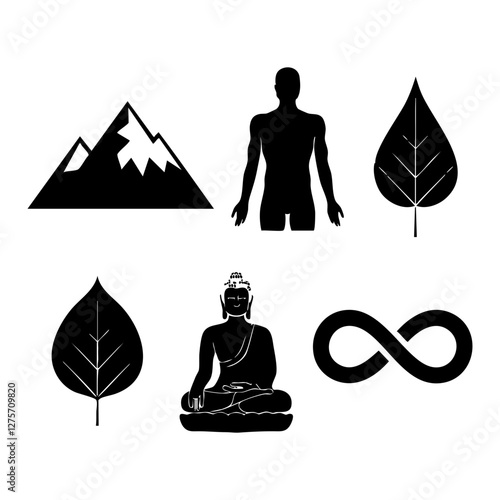 Nature and Spirituality Silhouette Set – Mountains, Buddha, Infinity, and Leaves