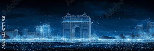 Futuristic Smart City Skyline Gateway Of India, Digital Network, Mumbai, India, Technology Concept