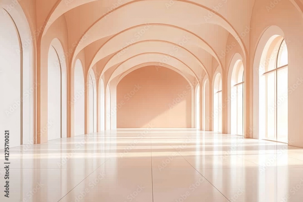 Peach-toned arched hallway, sunlight, windows, gallery, event space Peach-toned arched hallway, sunlight, windows, gallery, event space