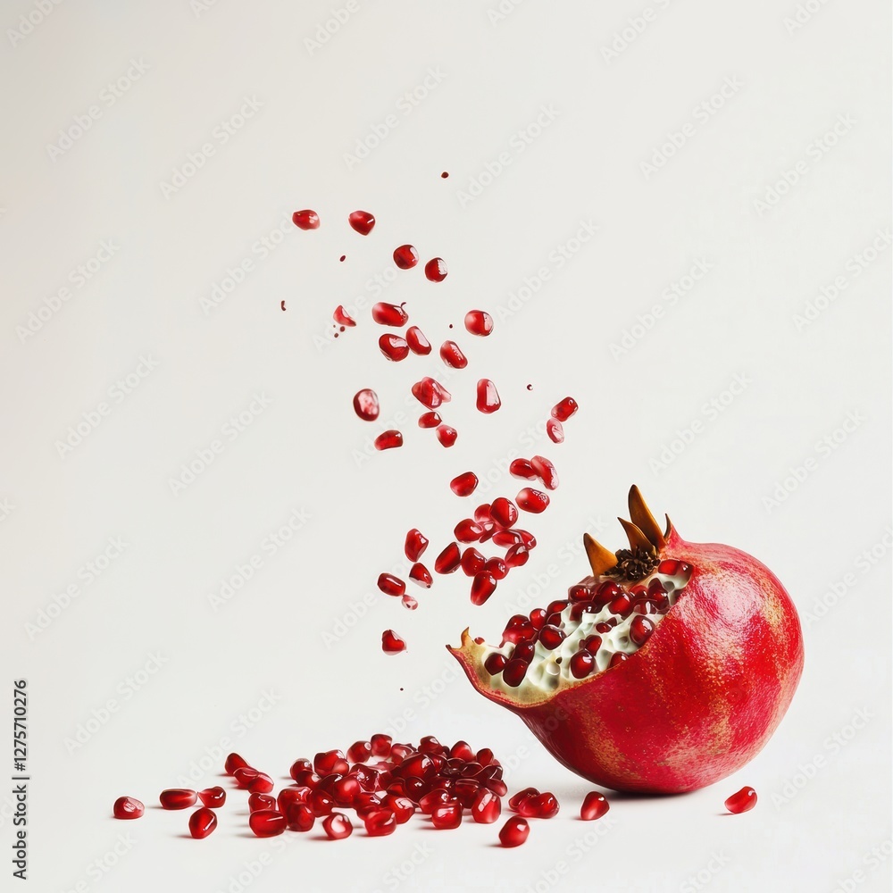 Juicy red pomegranate with seeds spilling out isolated on white Juicy red pomegranate with seeds spilling out isolated on white