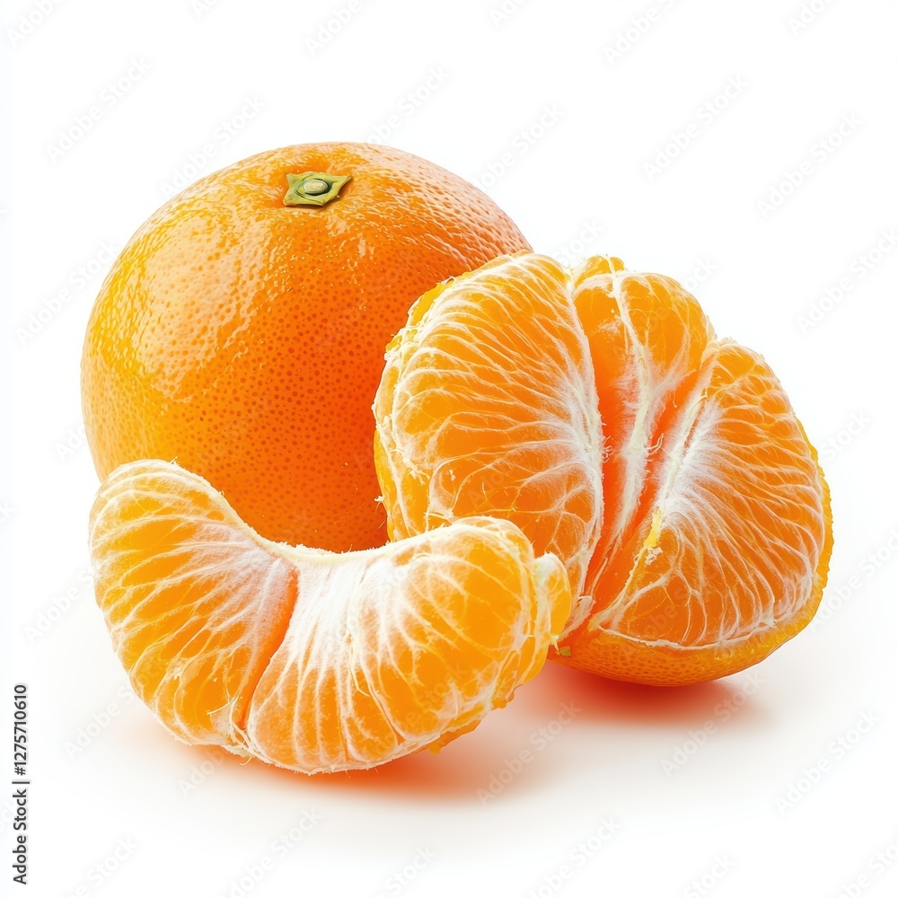 Whole and peeled tangerines with juicy segments visible isolated on white Whole and peeled tangerines with juicy segments visible isolated on white