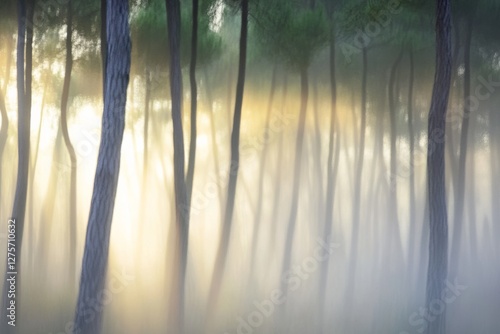 Ethereal trees stand shrouded in golden mist, with light dancing between trunks, evoking a dreamlike and surreal forest atmosphere.