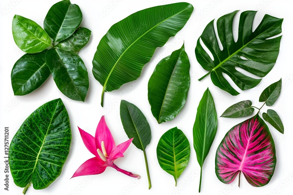 Tropical green leaves are depicted in isolation on a white background Tropical green leaves are depicted in isolation on a white background