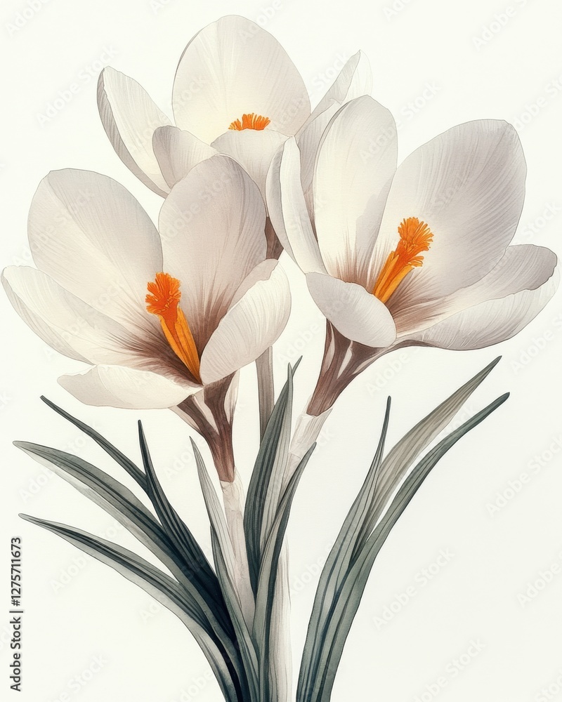 Fototapeta premium Beautiful white crocus flowers with orange stamens blooming gracefully in a sunny garden during early spring