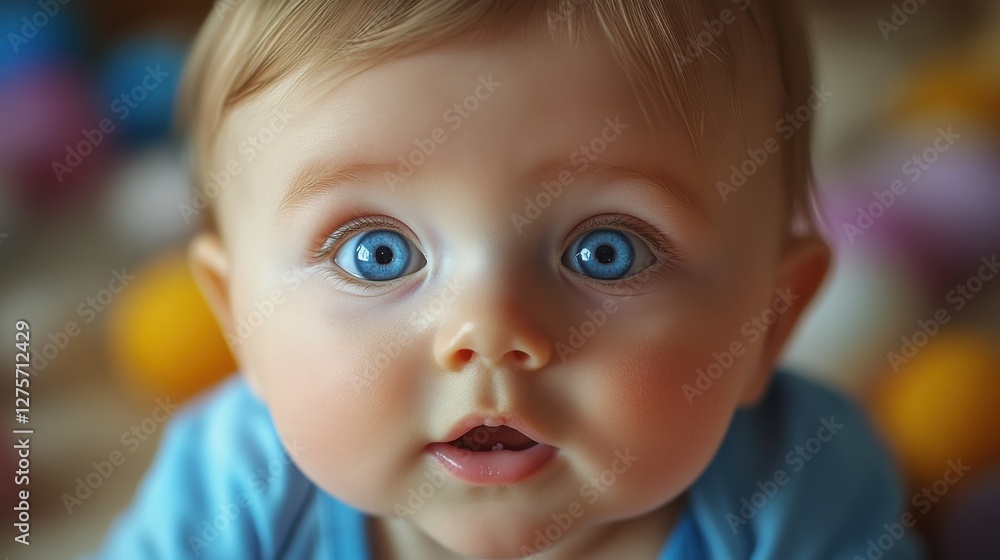 Baby with striking blue eyes shows curiosity while surrounded by colorful toys indoors during daylight hours Baby with striking blue eyes shows curiosity while surrounded by colorful toys indoors during daylight hours