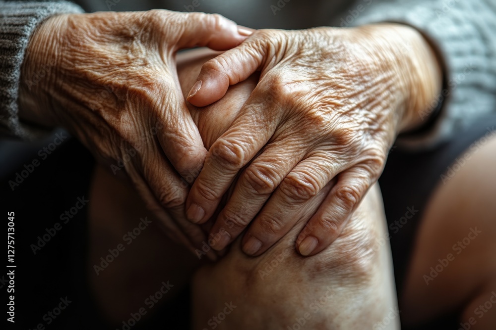Fototapeta premium Close-up of hands resting on knees, showcasing age lines and texture in a cozy indoor setting during twilight