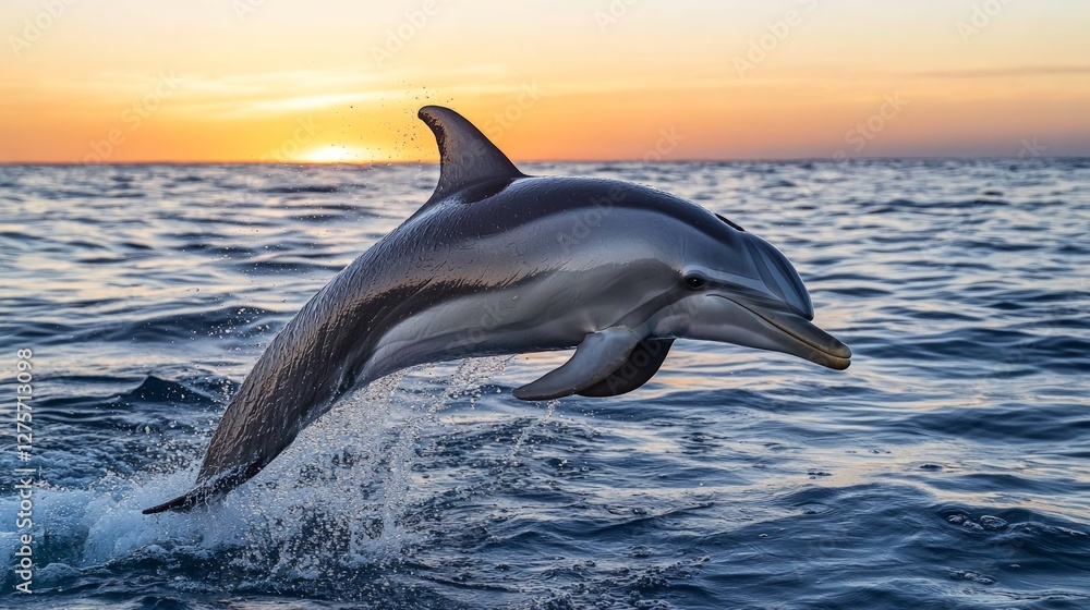 Fototapeta premium Dolphin Jumping Over Ocean Water During Beautiful Sunset