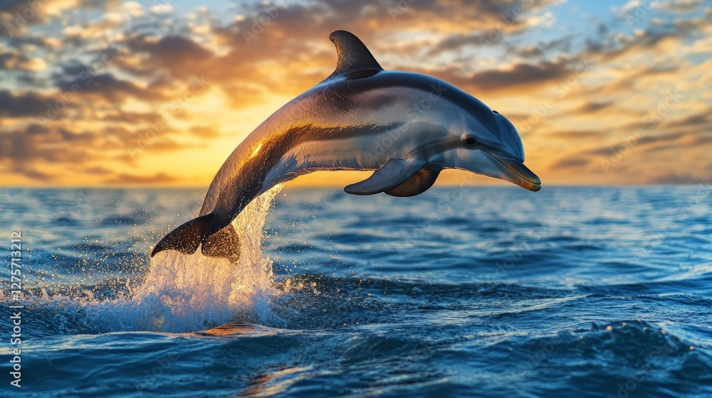 Fototapeta premium Dolphin Jumping Out of Ocean Against Beautiful Sunset Sky
