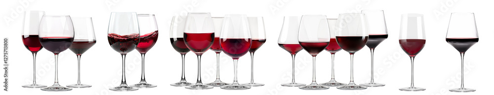 Set of red and white wine glasses isolated on white background. Rose wine splashing in glassware Set of red and white wine glasses isolated on white background. Rose wine splashing in glassware