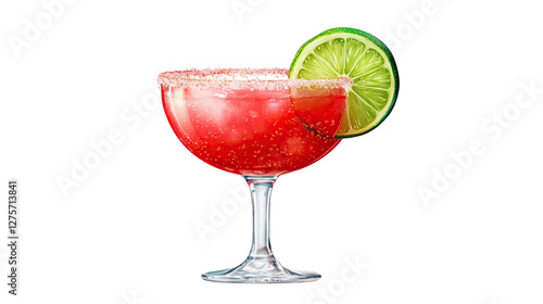 Bright Red Margarita Cocktail with Lime Slice on Transparent Background