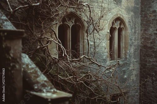 Gothic castle windows are entangled with twisting, bare branches, evoking mystery and captivating age-old tales.
