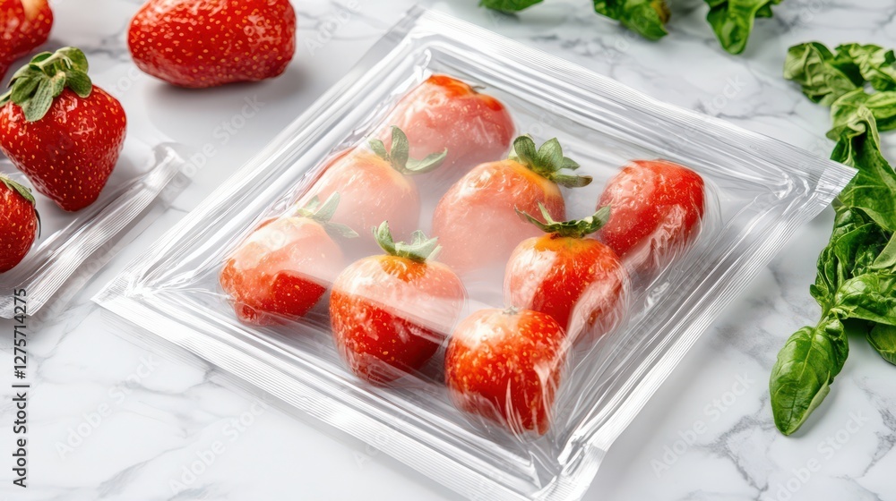 Fresh strawberries and basil leaves arranged on marble surface with transparent packaging Fresh strawberries and basil leaves arranged on marble surface with transparent packaging