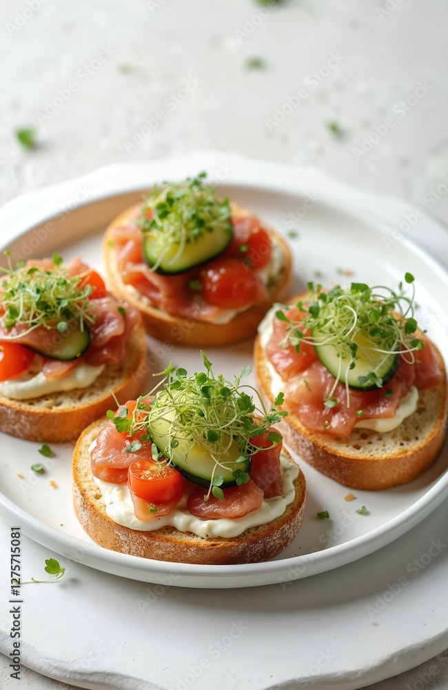 Delicious bruschettas with baguette, bacon, cream cheese, micro-greenery. Fresh cucumber, sprouts served on white plate. Healthy snack, tasty appetizer. Culinary delicacy, catering, restaurant menu. Delicious bruschettas with baguette, bacon, cream cheese, micro-greenery. Fresh cucumber, sprouts served on white plate. Healthy snack, tasty appetizer. Culinary delicacy, catering, restaurant menu.