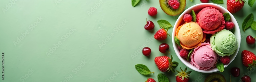 Top view bowl with colorful ice cream balls, fruits like kiwi, strawberry, cherry, raspberry, mint leaves. Refreshing summer dessert concept. Appetizing, tasty treat on green background. Top view bowl with colorful ice cream balls, fruits like kiwi, strawberry, cherry, raspberry, mint leaves. Refreshing summer dessert concept. Appetizing, tasty treat on green background.