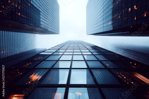 Wallpaper Mural A dramatic upward view of towering glass skyscrapers fading into misty clouds, embodying modern urban architecture. Torontodigital.ca