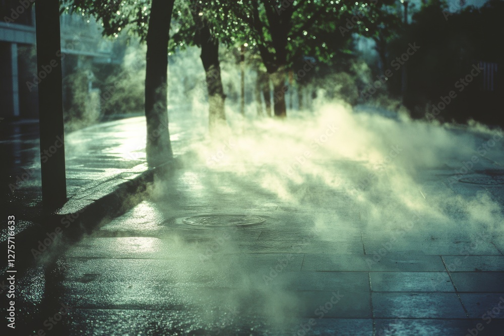 Obraz premium Soft mist drifts across an empty street, shrouding the scene in an ethereal calmness and transforming the space into a mystical escape.