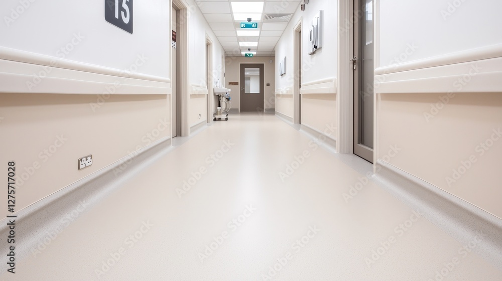 Clean Hospital Corridor with Soft Lighting and Neutral Walls Clean Hospital Corridor with Soft Lighting and Neutral Walls