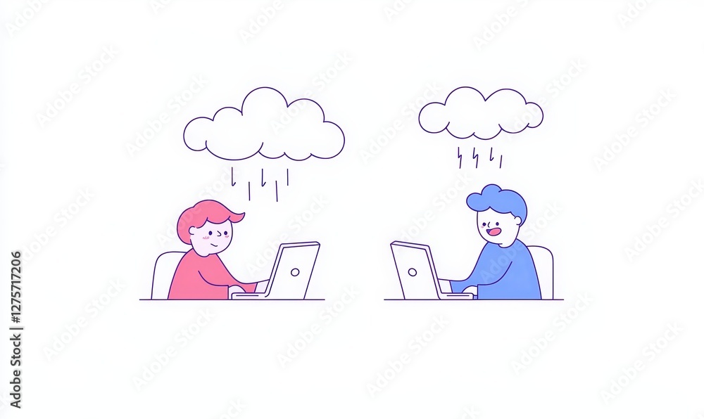 A doodle stick figure shows businessmen transferring files from one laptop to another A doodle stick figure shows businessmen transferring files from one laptop to another