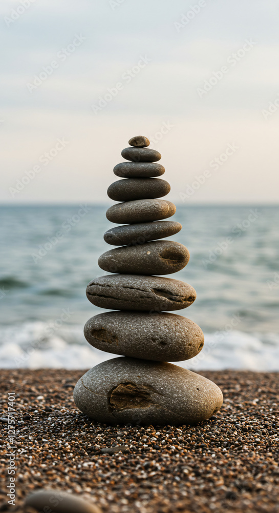 A tranquil scene of smooth, stacked stones balanced on a pebbled beach with a calm sea and an overcast sky in the background. Ideal for themes of serenity, balance, and mindfulness A tranquil scene of smooth, stacked stones balanced on a pebbled beach with a calm sea and an overcast sky in the background. Ideal for themes of serenity, balance, and mindfulness