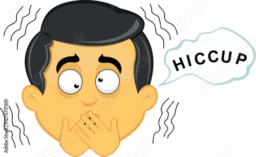 vector illustration yellow emoji character male, having hiccups symptom and a speech bubble with hiccup text