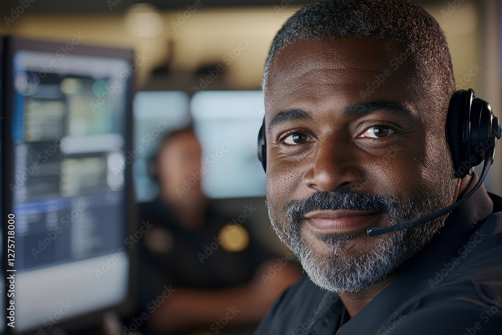 In the portrait, a telemarketer is seen smiling and talking on a telephone headset while working at a computer In the portrait, a telemarketer is seen smiling and talking on a telephone headset while working at a computer