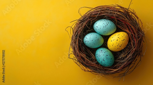 Colorful Easter eggs nested in twigs against a bright yellow background create a festive atmosphere perfect for spring celebrations and traditions