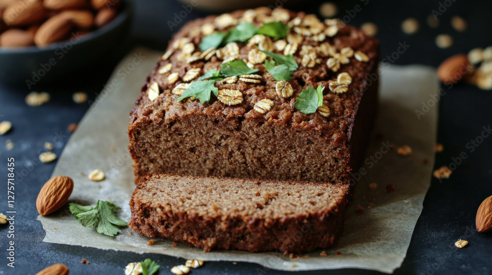 delicious loaf of flour less bread topped with nuts and oats, showcasing moist texture and healthy ingredients. Perfect for nutritious snack or breakfast option delicious loaf of flour less bread topped with nuts and oats, showcasing moist texture and healthy ingredients. Perfect for nutritious snack or breakfast option