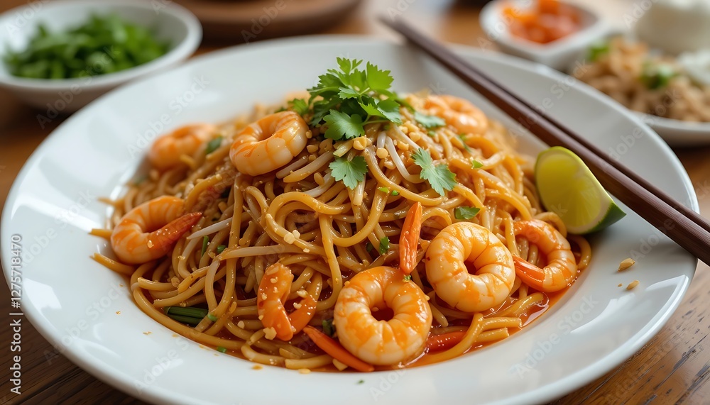 Serving of Pad Thai with Shrimp and Lime on White Plate Serving of Pad Thai with Shrimp and Lime on White Plate