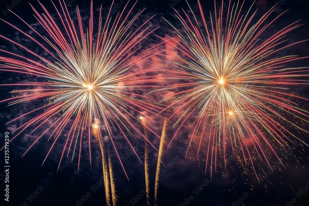 Spectacular fireworks burst against the night sky, radiating colorful streams of light, evoking celebration and joy in this captivating display. Spectacular fireworks burst against the night sky, radiating colorful streams of light, evoking celebration and joy in this captivating display.