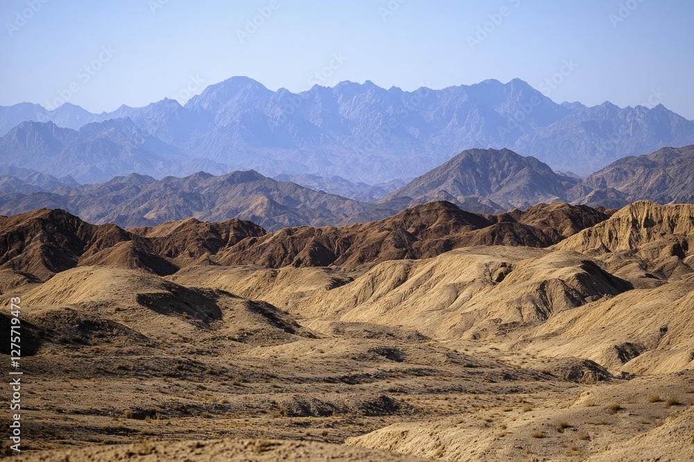 Rugged desert landscape with undulating dunes under a clear blue sky, framed by distant rugged mountains. Rugged desert landscape with undulating dunes under a clear blue sky, framed by distant rugged mountains.