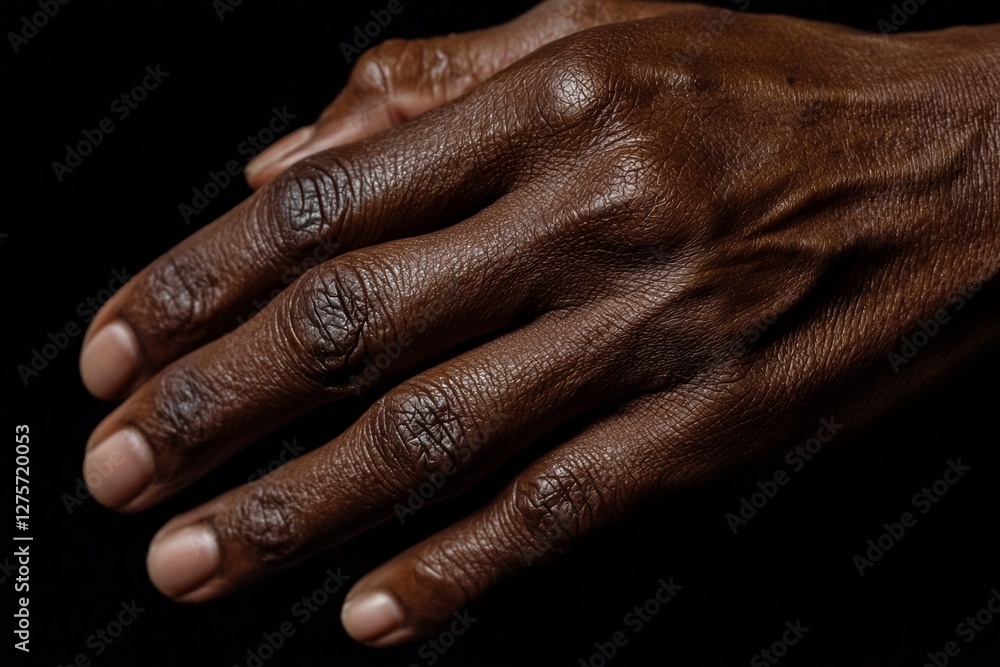 Fototapeta premium A close-up shot of a young African-American male's fingers emphasizes the detailed texture of human skin, illustrating concepts of skincare, bodycare, healthcare, hygiene, and medicine, while also