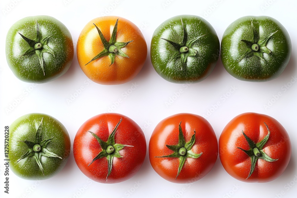 Fresh tomatoes of varying ripeness arranged in a row display their vibrant colors and textures, showcasing the natural beauty of produce Fresh tomatoes of varying ripeness arranged in a row display their vibrant colors and textures, showcasing the natural beauty of produce