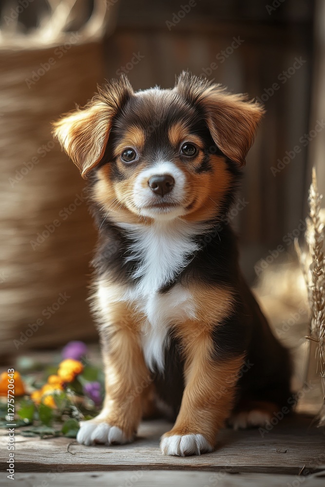 Cute puppy sitting on wooden surface surrounded by flowers in a rustic setting during the day Cute puppy sitting on wooden surface surrounded by flowers in a rustic setting during the day
